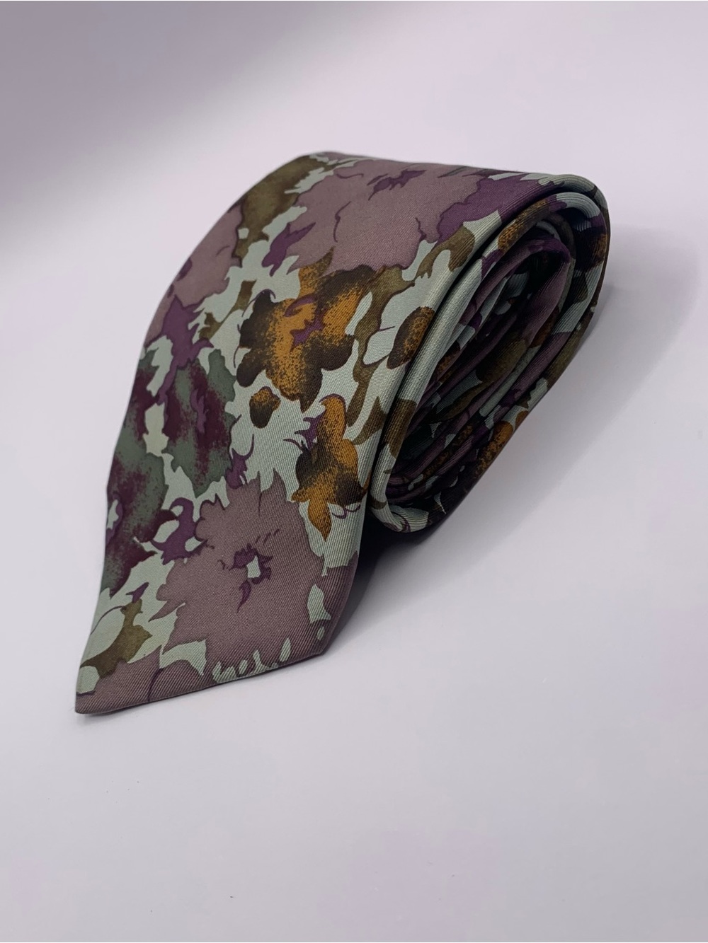 John Wentz Camouflage-Pattern Men's Tie in Purple, Olive, and Gold Accent formal